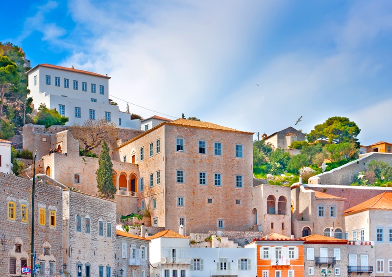 Old Buildings In The Town Of Island Hydra In Saronikos Gulf In Greece